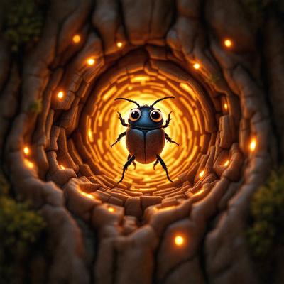 The primary subject of the image is a blue and black beetle, which is the main focus of the scene. The setting is a tunnel or a hole, with a rocky background. The visual style of the image is a digital art or illustration, as it appears to be a well-crafted and detailed drawing. The colors and mood of the image are predominantly dark, with the blue and black beetle standing out against the rocky background.